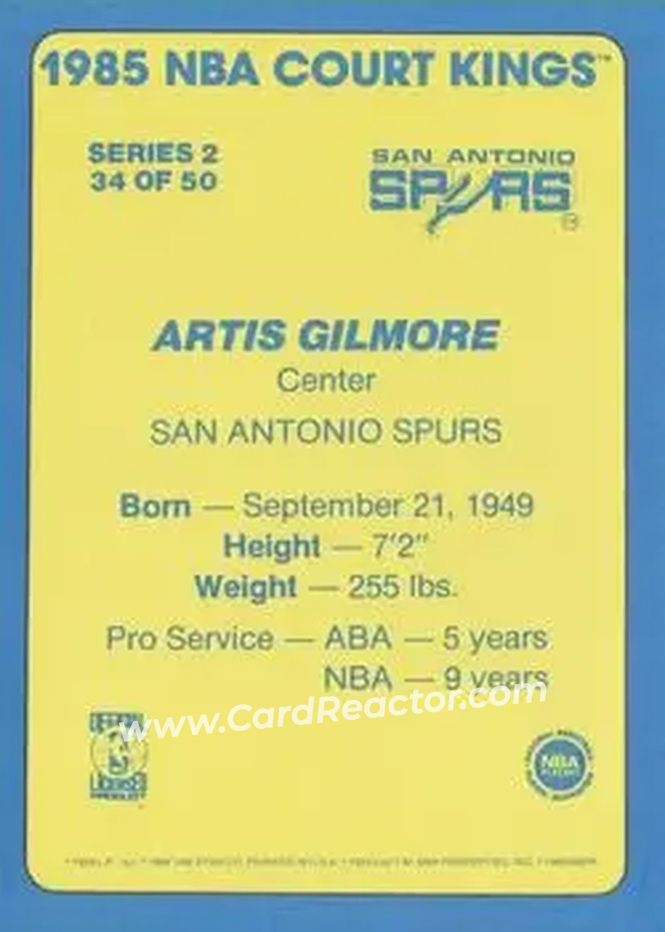 1984-85 Star Court Kings #34 - Artis Gilmore - San Antonio Spurs - Back