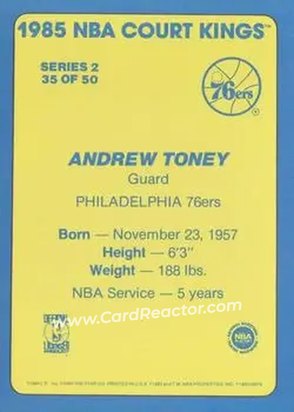 1984-85 Star Court Kings #35 - Andrew Toney - Philadelphia 76ers - Back