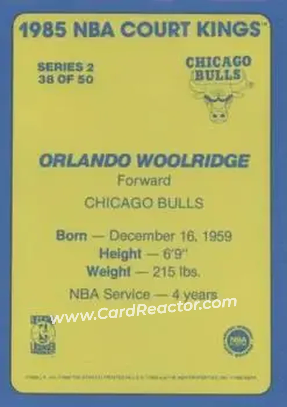 1984-85 Star Court Kings #38 - Orlando Woolridge - Chicago Bulls - Back