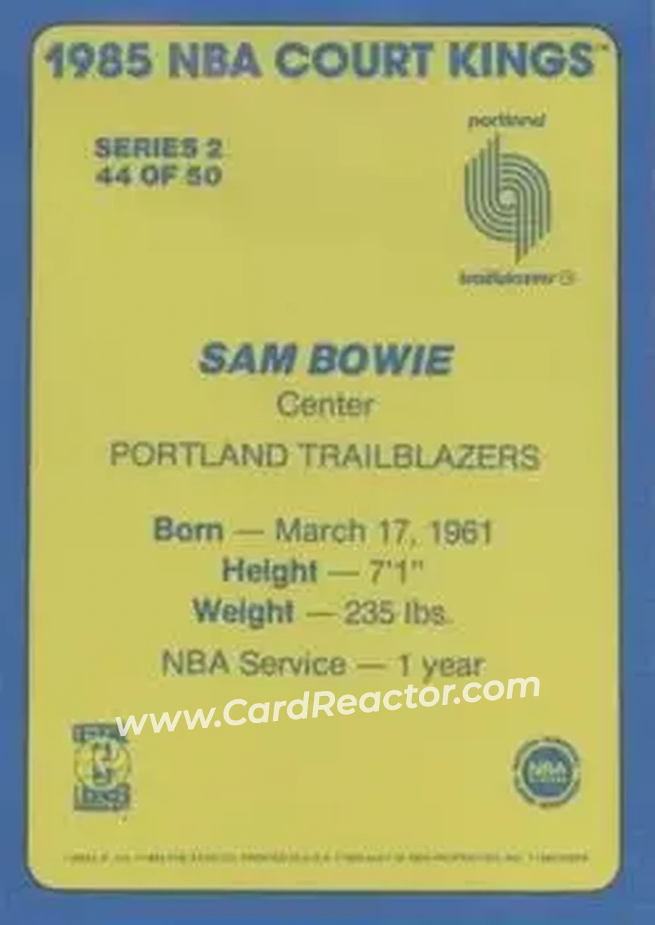 1984-85 Star Court Kings #44 - Sam Bowie - Portland Trail Blazers - Back 1984-85 Star Court Kings #44 - Sam Bowie - Portland Trail Blazers - Back
