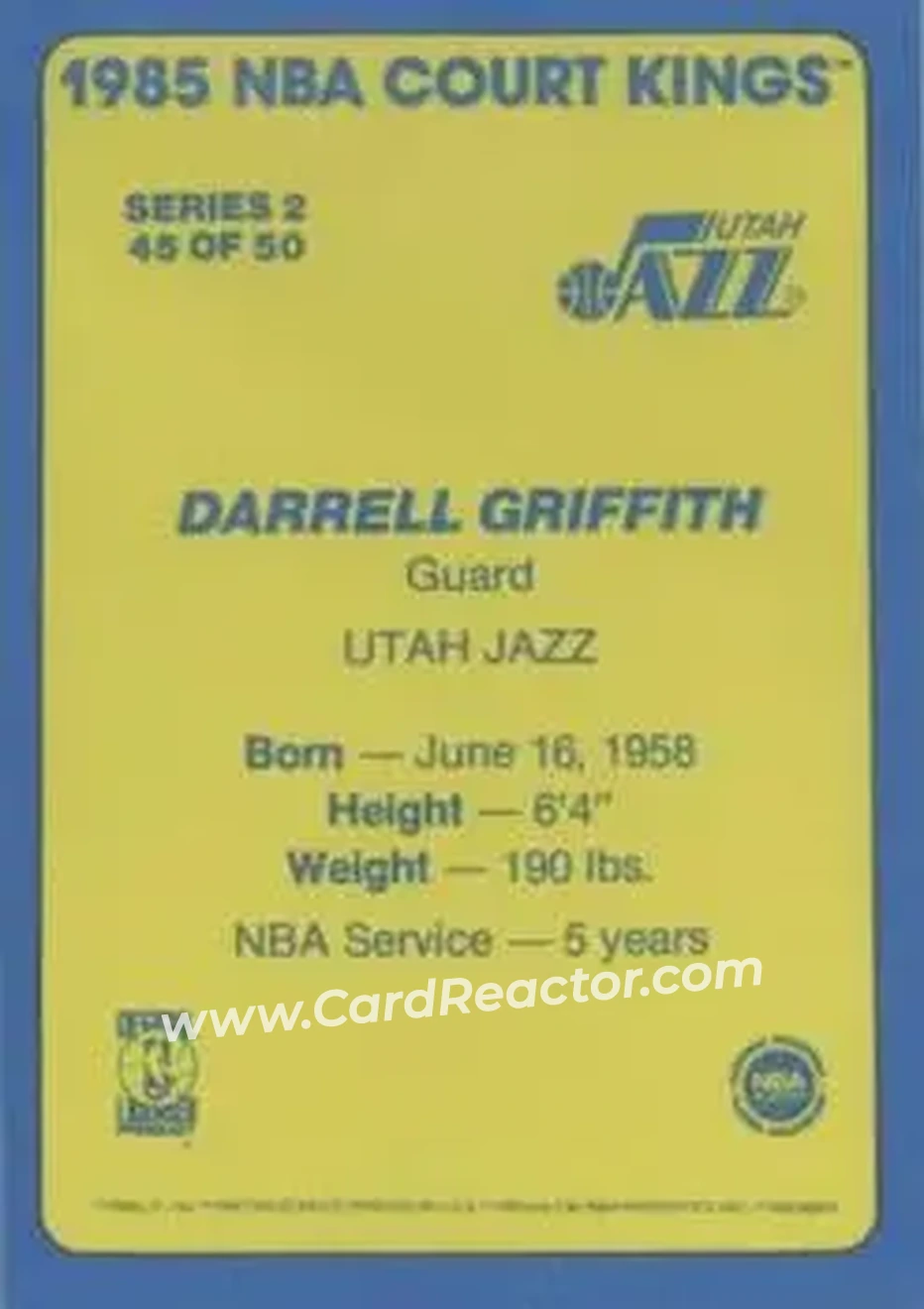 1984-85 Star Court Kings #45 - Darrell Griffith - Utah Jazz - Back