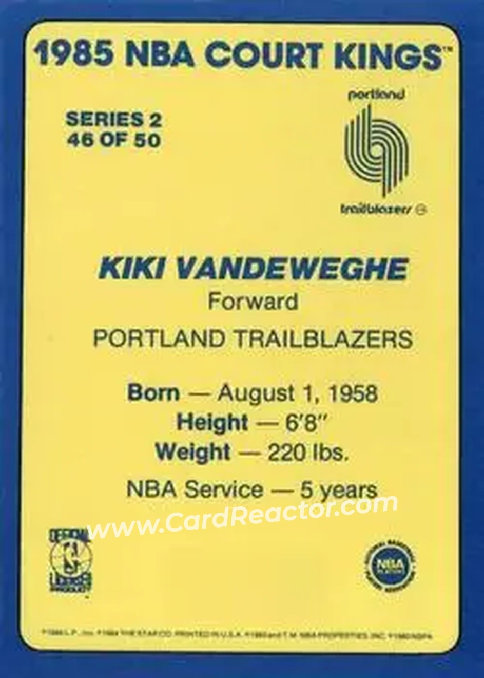 1984-85 Star Court Kings #46 - Kiki Vandeweghe - Portland Trail Blazers - Back