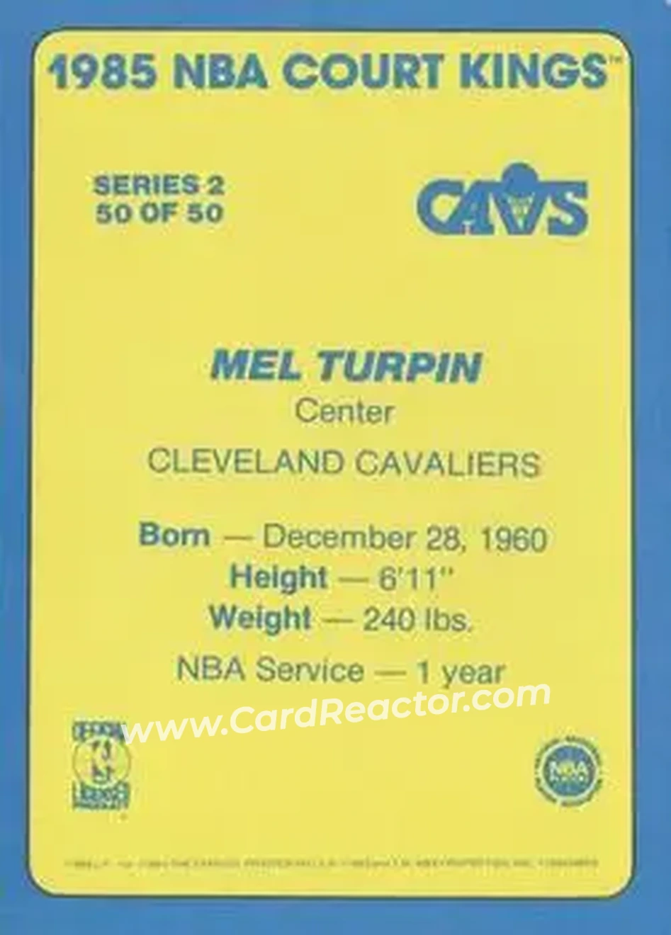 1984-85 Star Court Kings #50 - Mel Turpin - Cleveland Cavaliers - Back