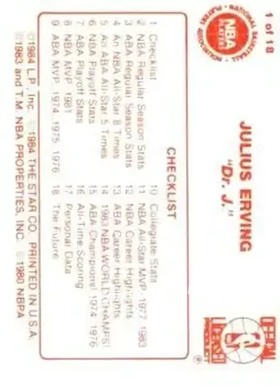 1984-85 Star Julius Erving #1 - Julius Erving - Philadelphia 76ers - Back