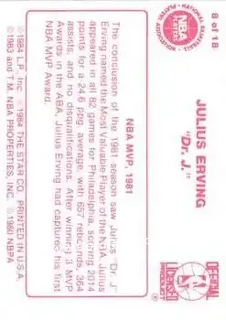 1984-85 Star Julius Erving #8 - Julius Erving - Philadelphia 76ers - Back