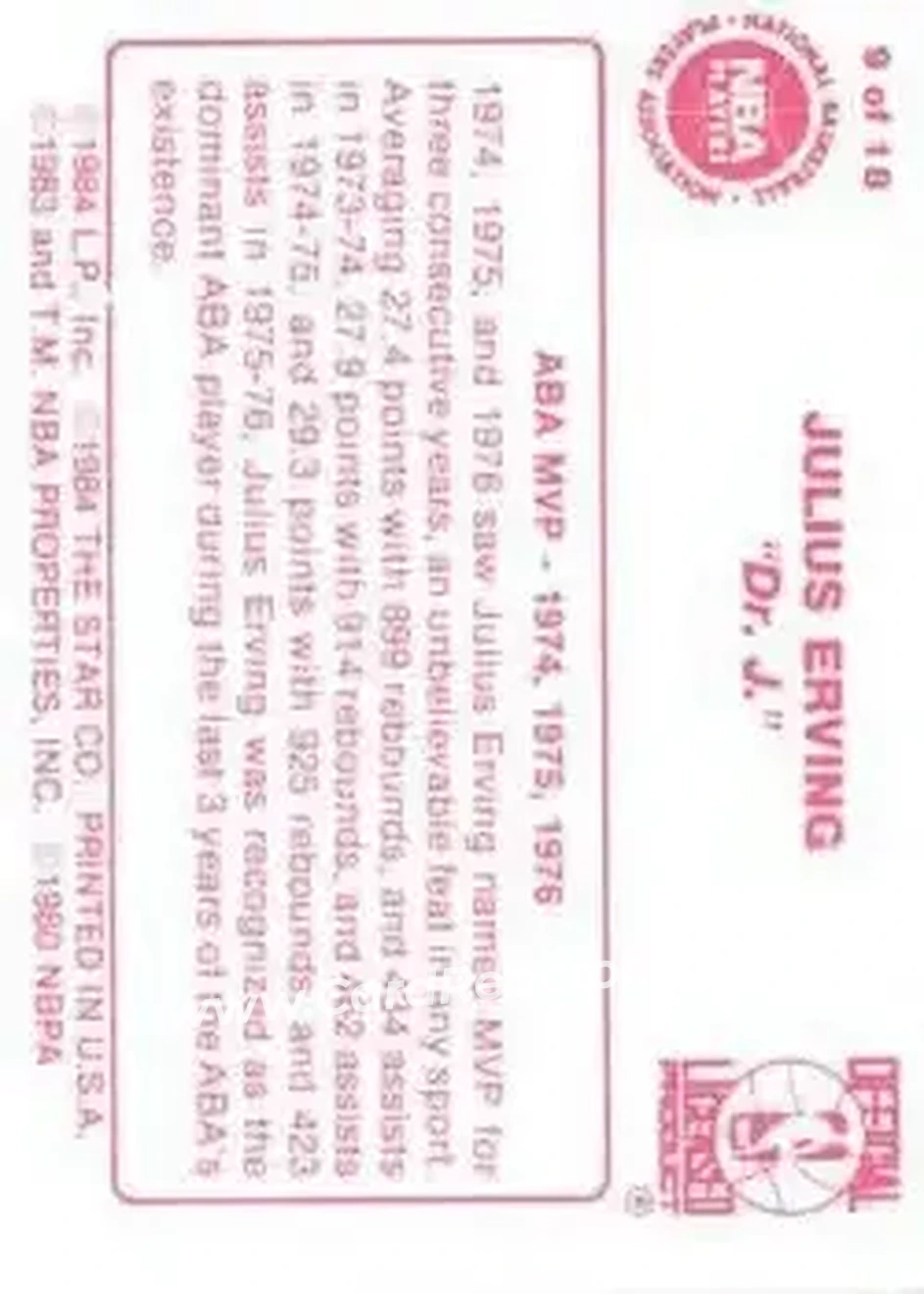 1984-85 Star Julius Erving #9 - Julius Erving - Philadelphia 76ers - Back