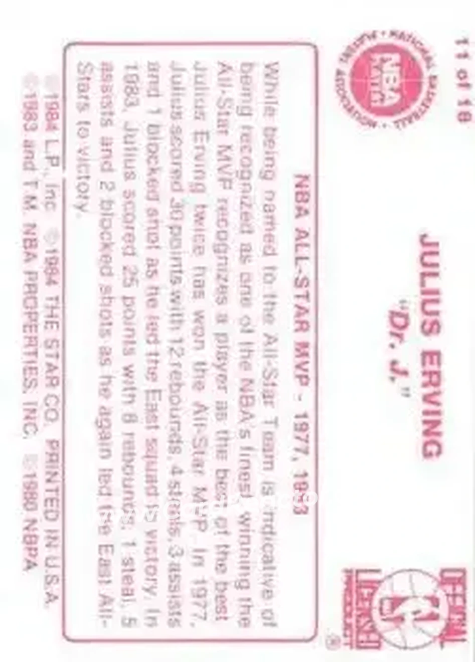 1984-85 Star Julius Erving #11 - Julius Erving - Philadelphia 76ers - Back
