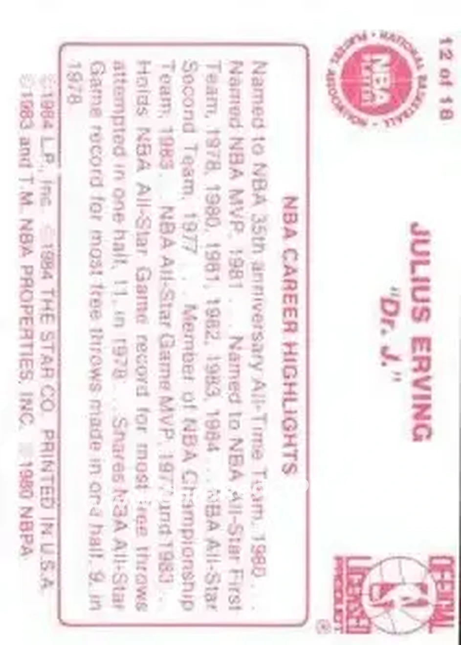 1984-85 Star Julius Erving #12 - Julius Erving - Philadelphia 76ers - Back