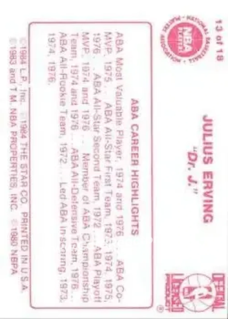 1984-85 Star Julius Erving #13 - Julius Erving - Philadelphia 76ers - Back