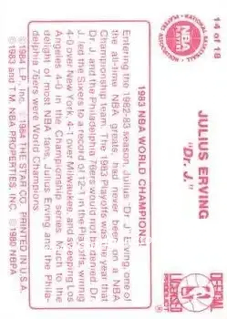 1984-85 Star Julius Erving #14 - Julius Erving - Philadelphia 76ers - Back