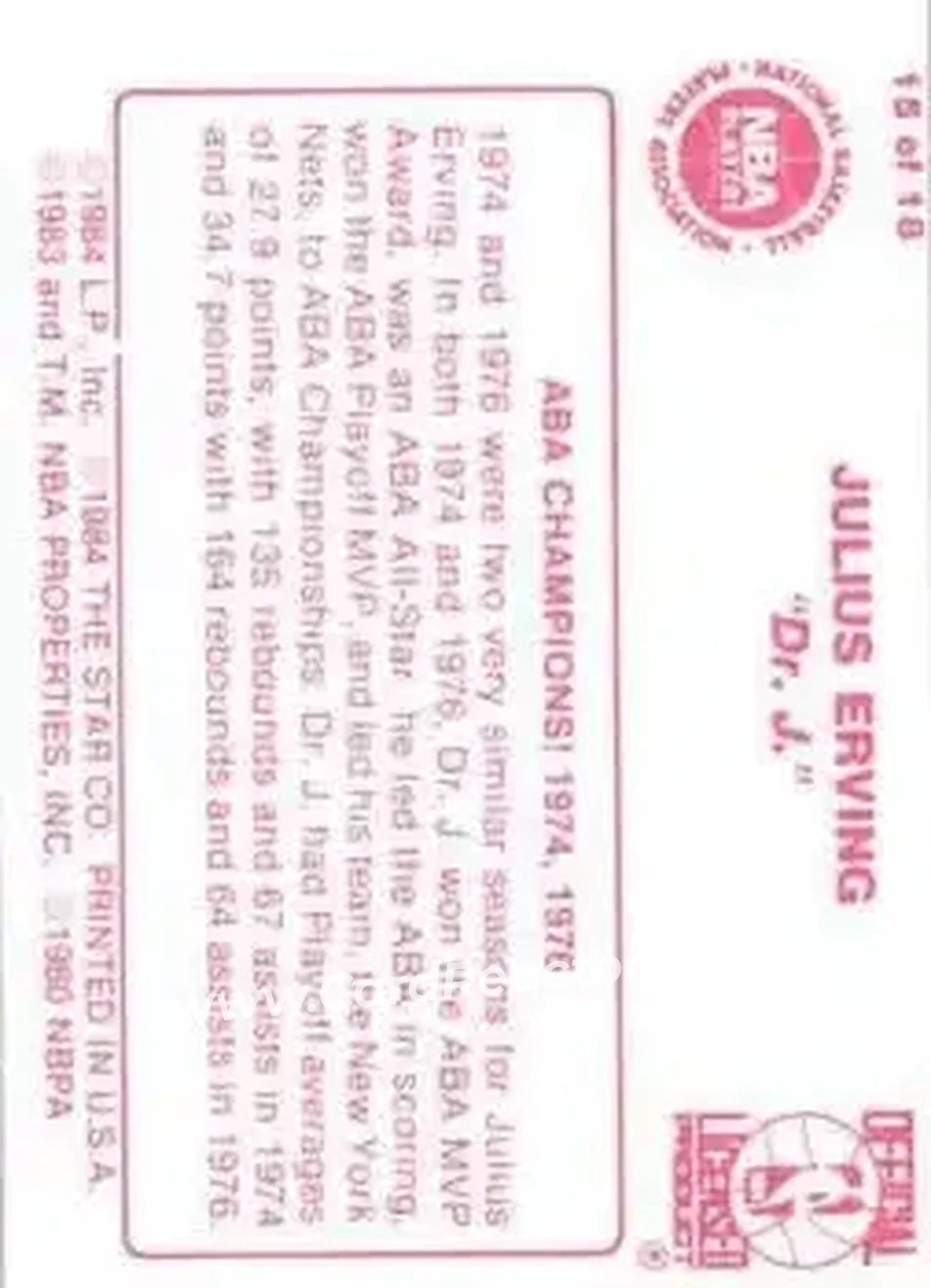 1984-85 Star Julius Erving #15 - Julius Erving - Philadelphia 76ers - Back