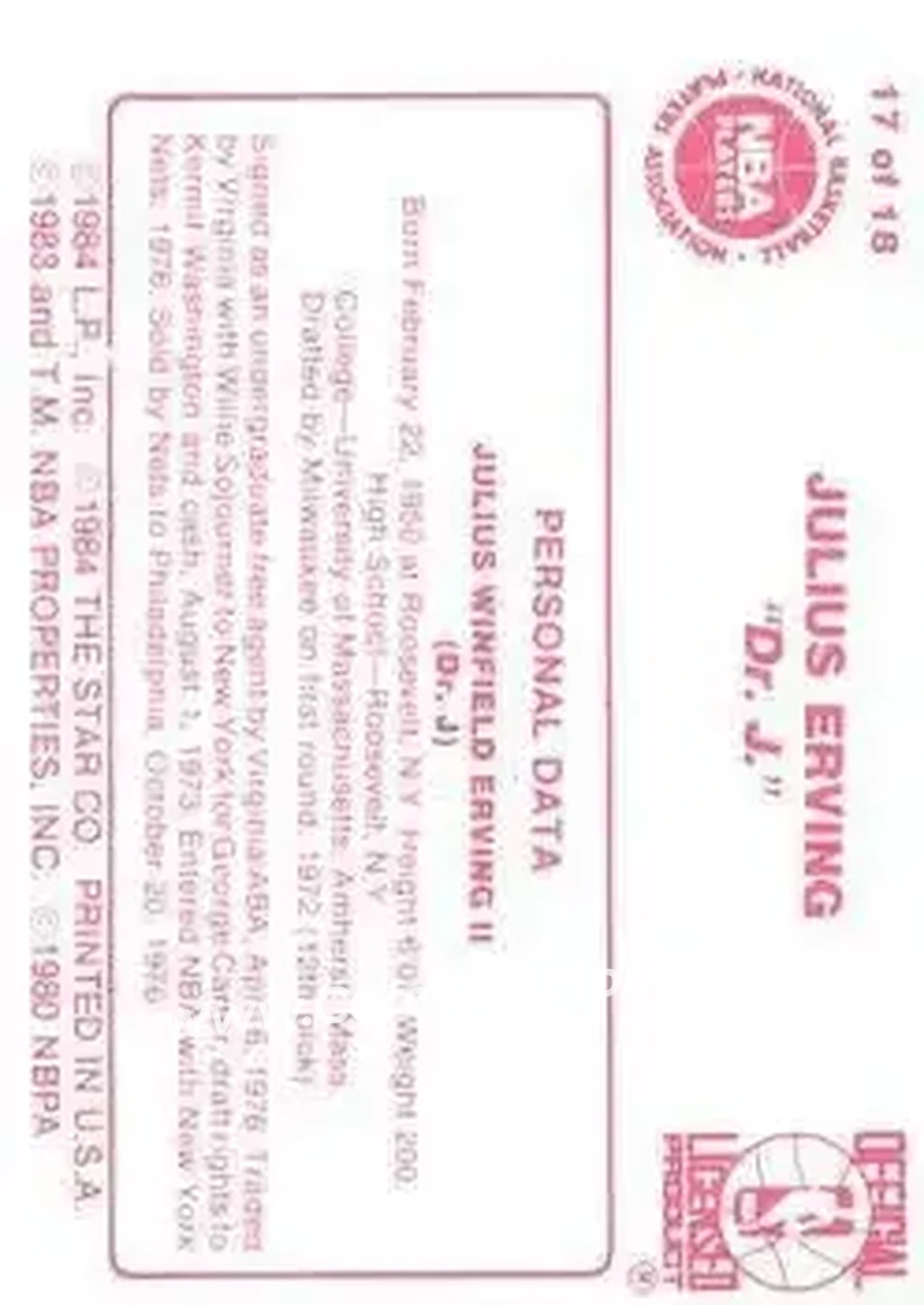 1984-85 Star Julius Erving #17 - Julius Erving - Philadelphia 76ers - Back