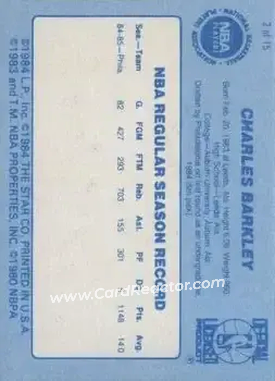 1986 Star Best of the Best #2 - Charles Barkley - Philadelphia 76ers - Back