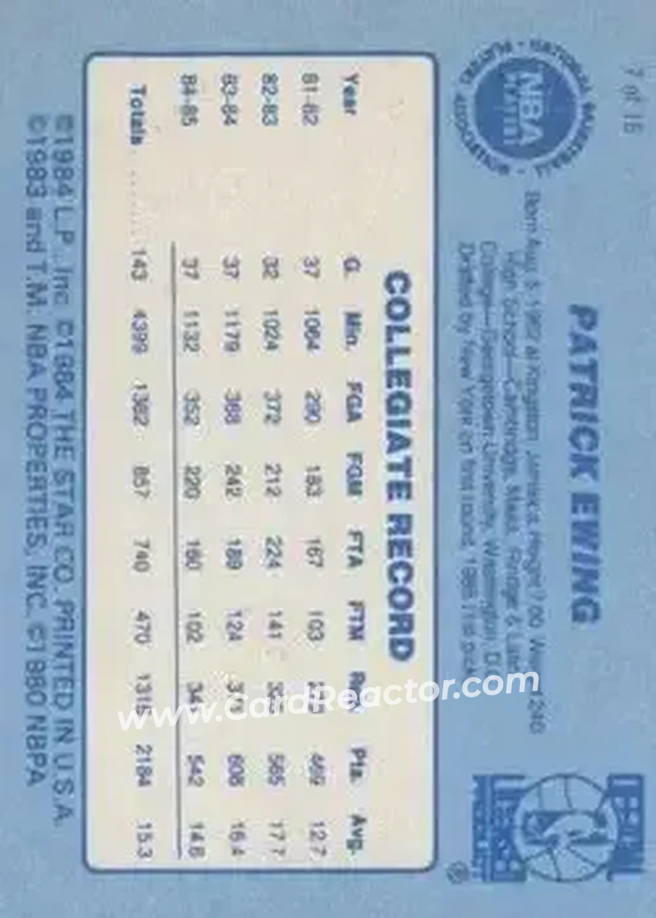 1986 Star Best of the Best #7 - Patrick Ewing - New York Knicks - Back 1986 Star Best of the Best #7 - Patrick Ewing - New York Knicks - Back