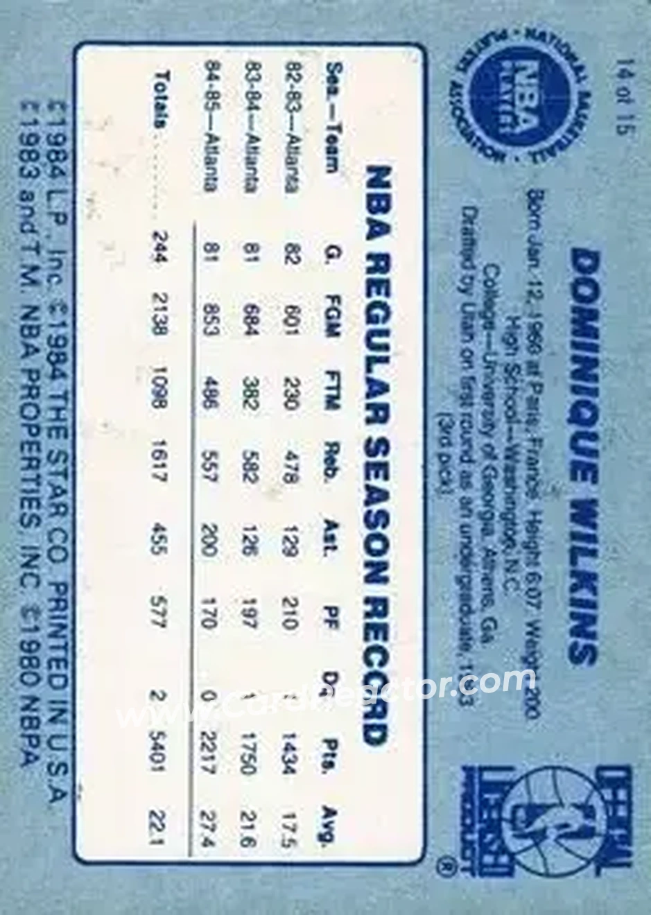 1986 Star Best of the Best #14 - Dominique Wilkins - Atlanta Hawks - Back
