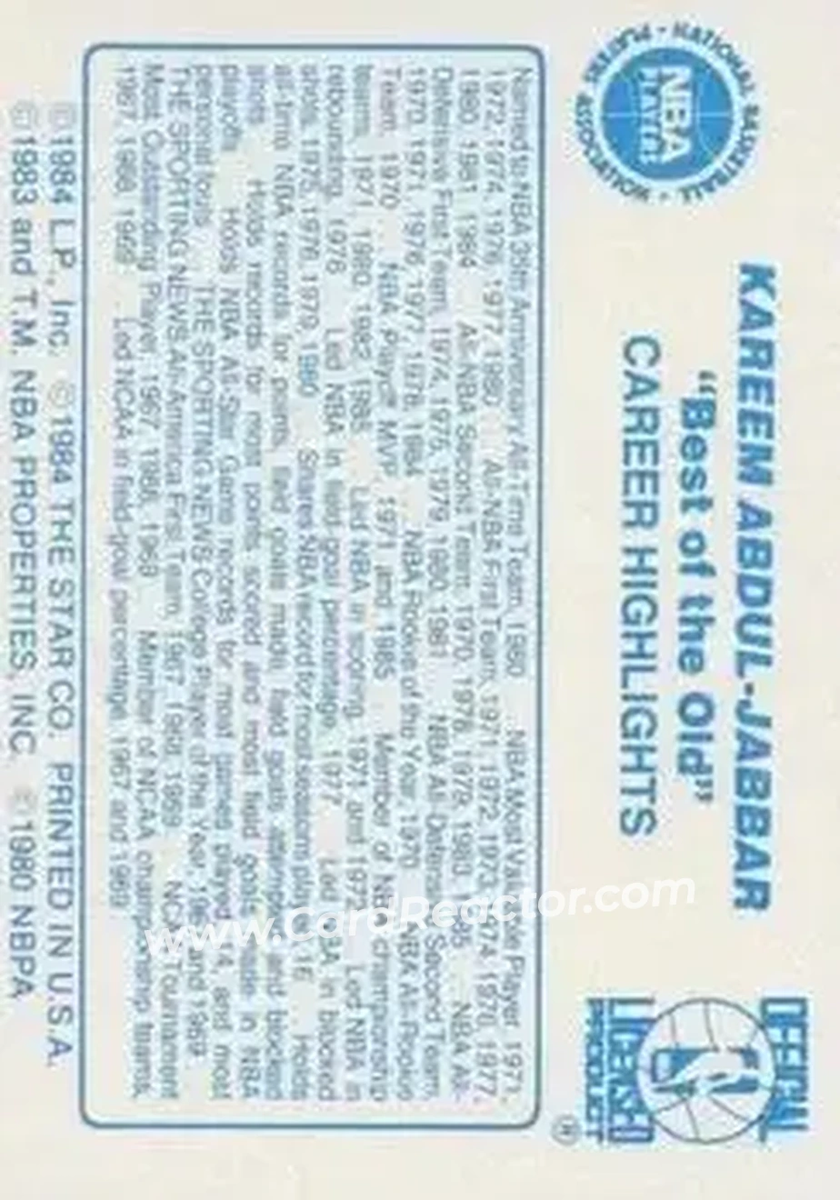 1986 Star Best of the New/Old #NNO - Kareem Abdul-Jabbar - Los Angeles Lakers - Back