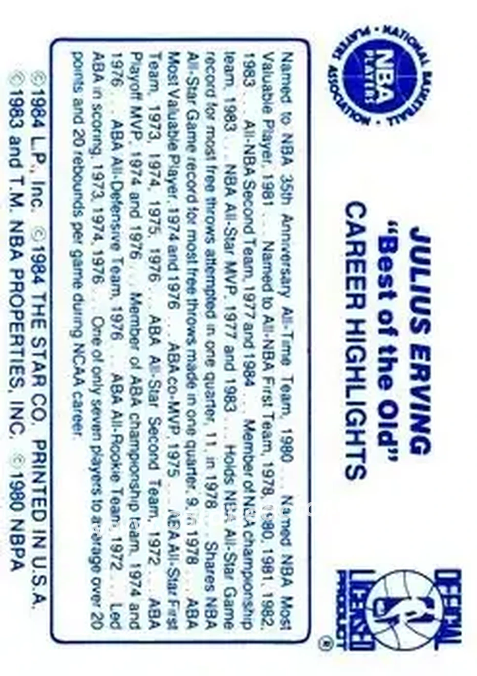 1986 Star Best of the New/Old #NNO - Julius Erving - Philadelphia 76ers - Back