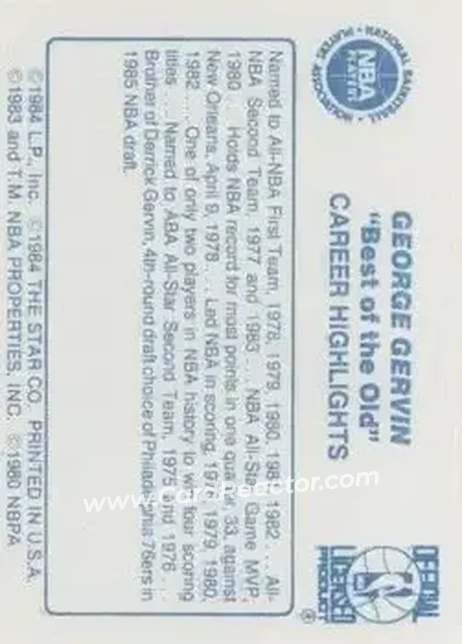 1986 Star Best of the New/Old #NNO - George Gervin - Chicago Bulls - Back