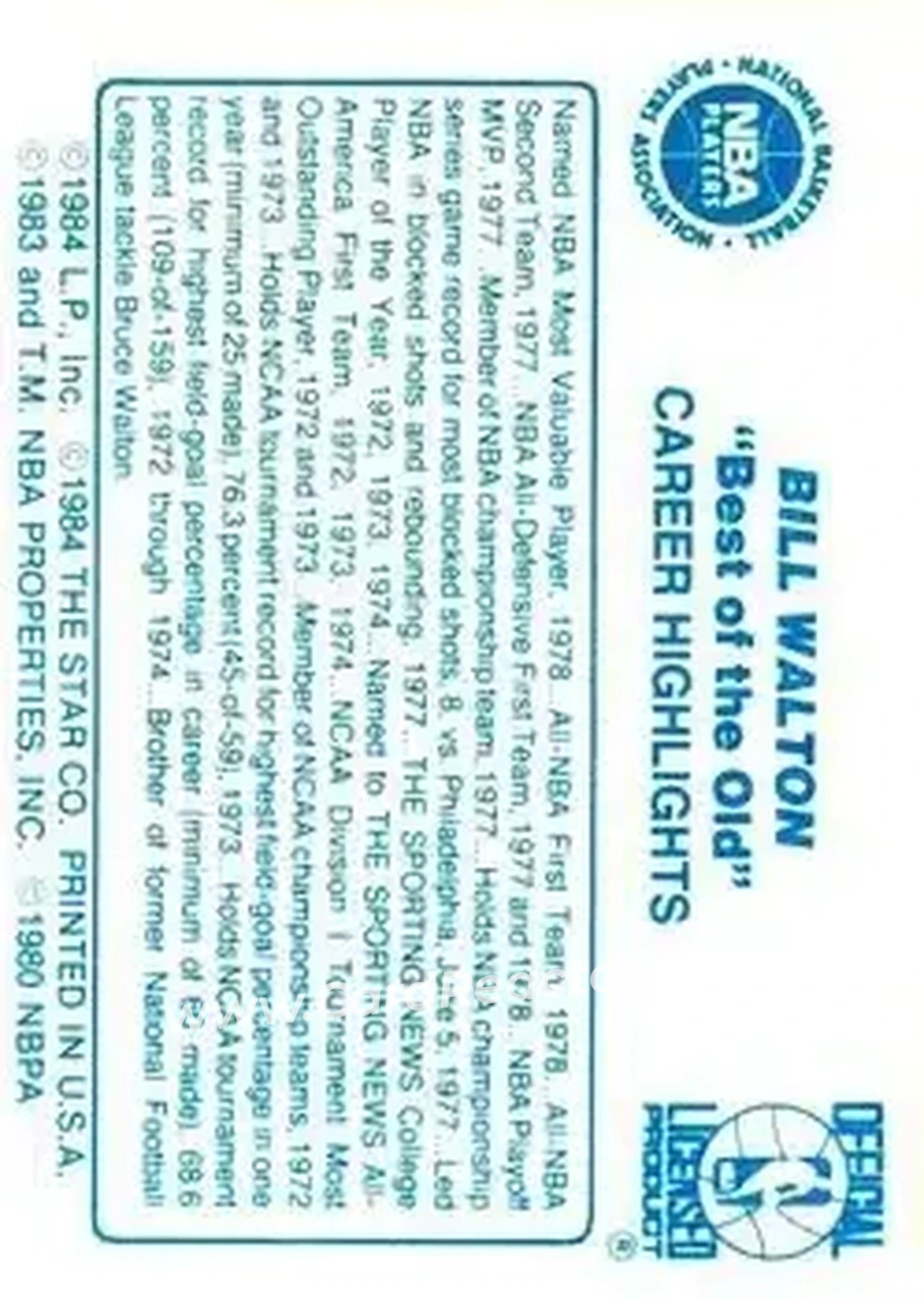 1986 Star Best of the New/Old #NNO - Bill Walton - Boston Celtics - Back