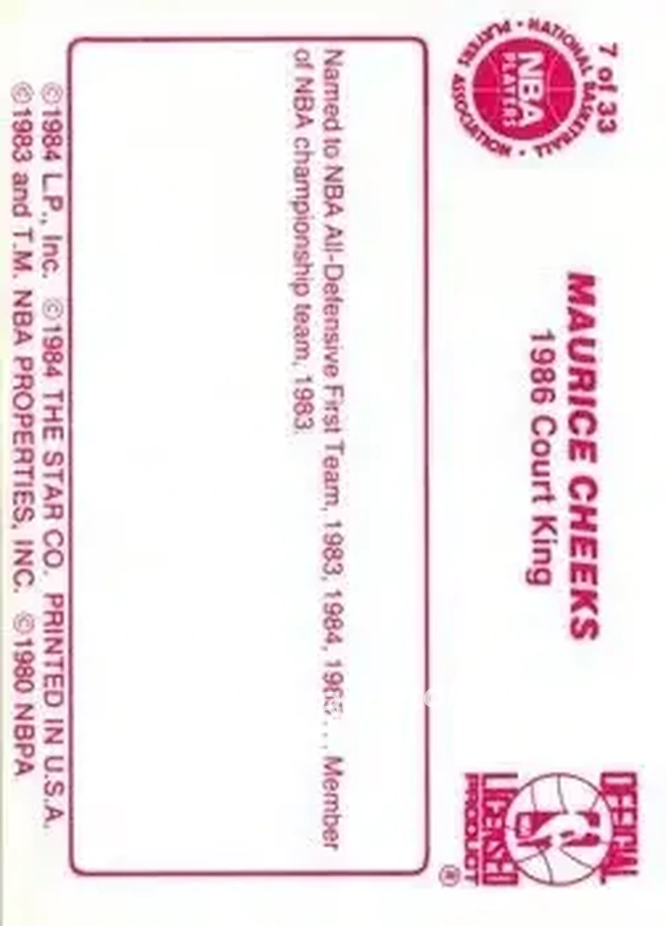 1986 Star Court Kings #7 - Maurice Cheeks - Philadelphia 76ers - Back 1986 Star Court Kings #7 - Maurice Cheeks - Philadelphia 76ers - Back