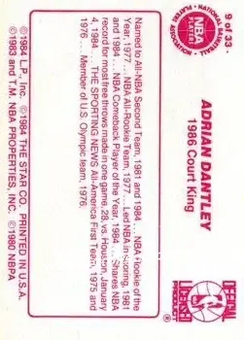 1986 Star Court Kings #9 - Adrian Dantley - Utah Jazz - Back 1986 Star Court Kings #9 - Adrian Dantley - Utah Jazz - Back