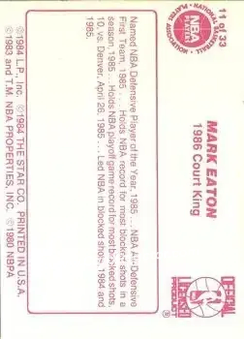 1986 Star Court Kings #11 - Mark Eaton - Utah Jazz - Back 1986 Star Court Kings #11 - Mark Eaton - Utah Jazz - Back
