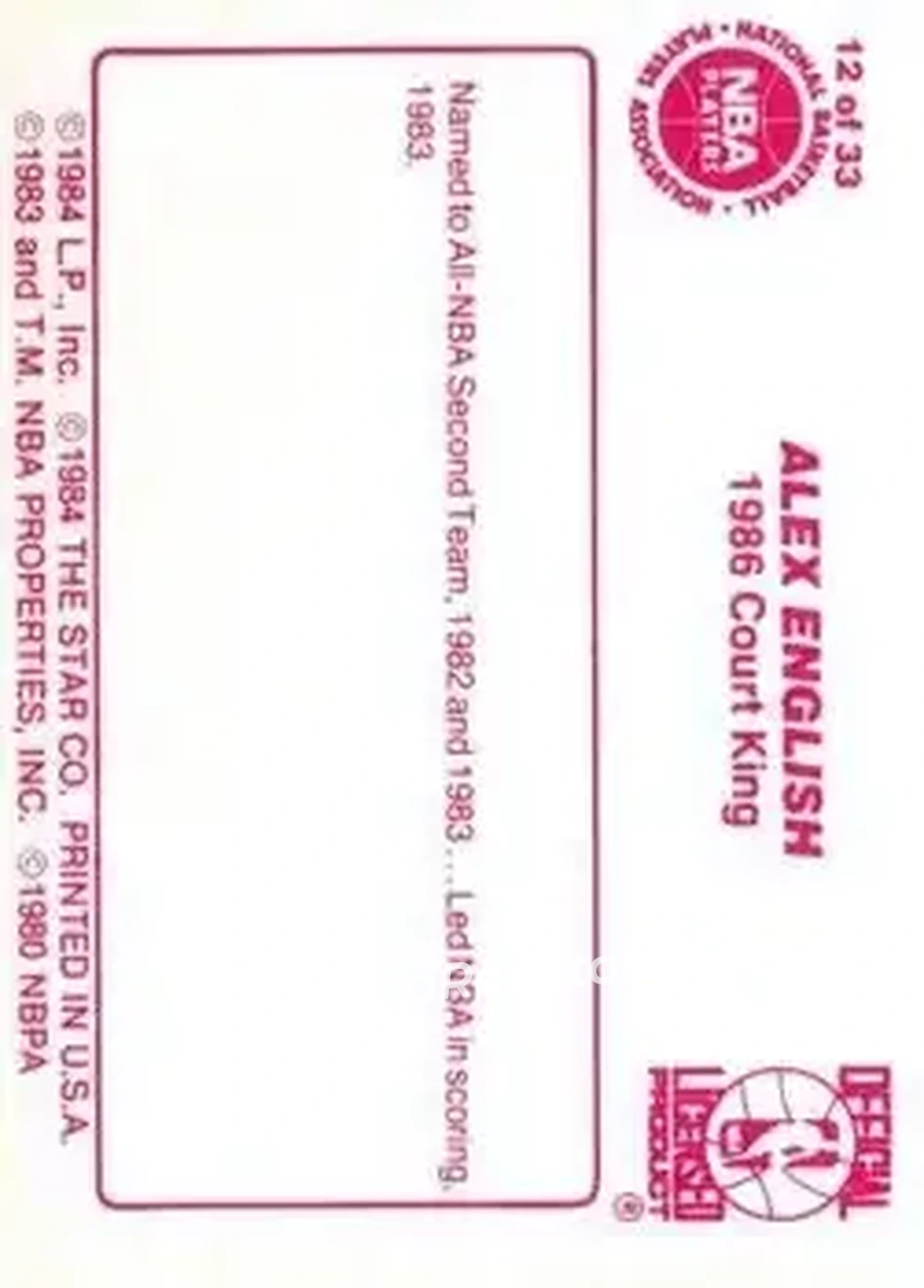 1986 Star Court Kings #12 - Alex English - Denver Nuggets - Back