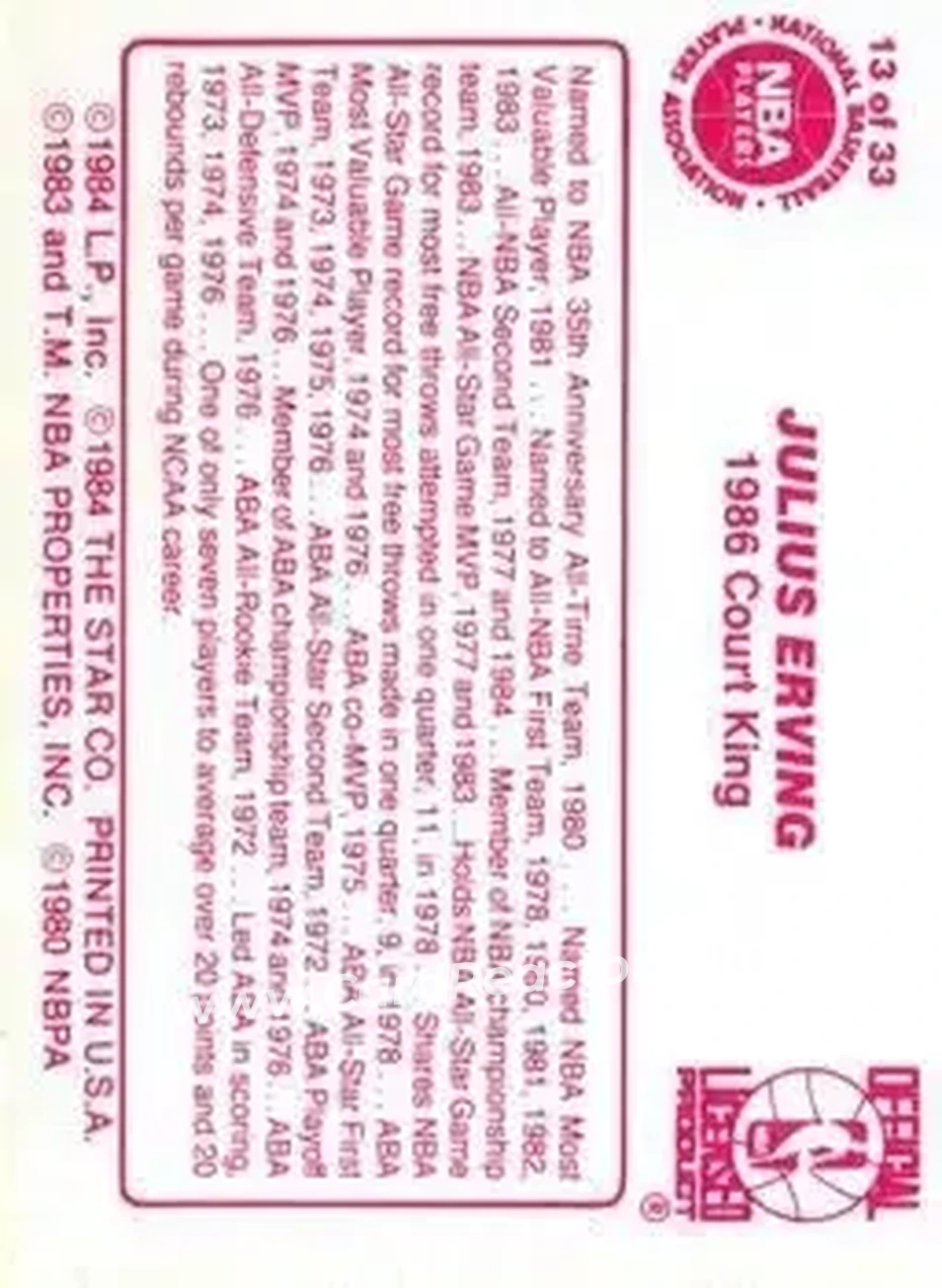 1986 Star Court Kings #13 - Julius Erving - Philadelphia 76ers - Back