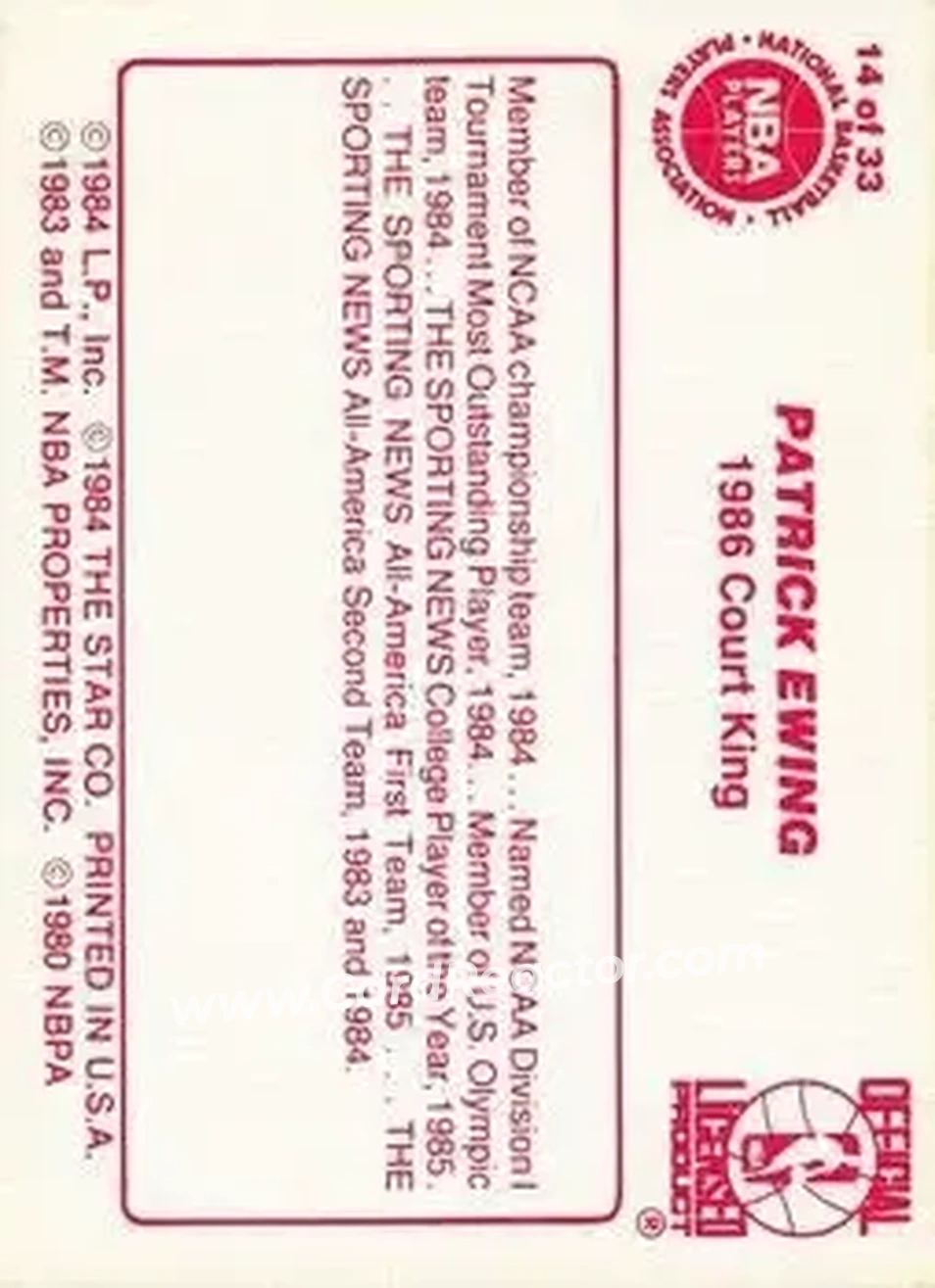 1986 Star Court Kings #14 - Patrick Ewing - USA - Back