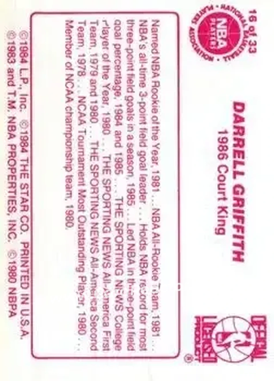 1986 Star Court Kings #16 - Darrell Griffith - Utah Jazz - Back