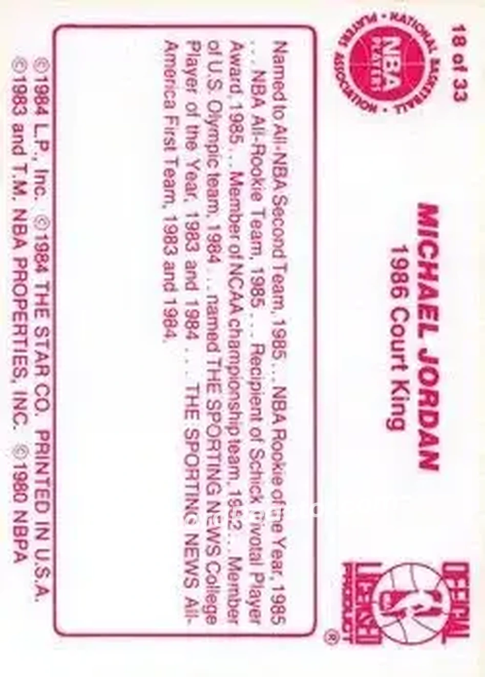 1986 Star Court Kings #18 - Michael Jordan - Chicago Bulls - Back 1986 Star Court Kings #18 - Michael Jordan - Chicago Bulls - Back