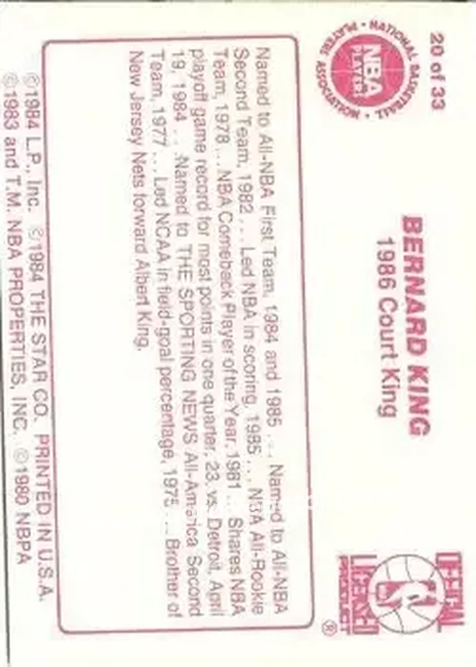 1986 Star Court Kings #20 - Bernard King - New York Knicks - Back 1986 Star Court Kings #20 - Bernard King - New York Knicks - Back