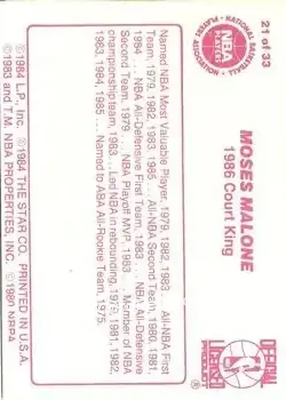 1986 Star Court Kings #21 - Moses Malone - Philadelphia 76ers - Back