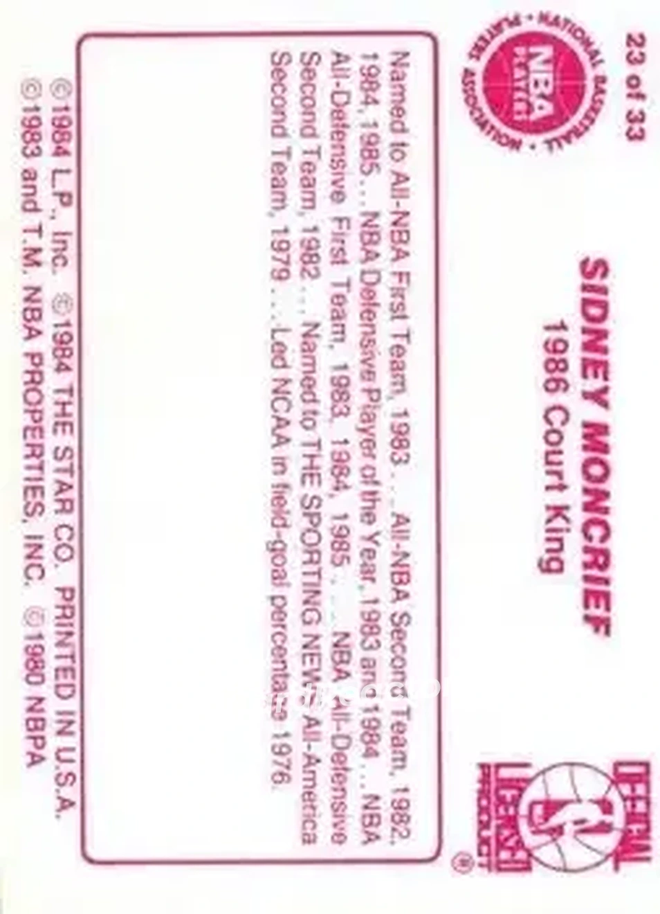 1986 Star Court Kings #23 - Sidney Moncrief - Milwaukee Bucks - Back 1986 Star Court Kings #23 - Sidney Moncrief - Milwaukee Bucks - Back