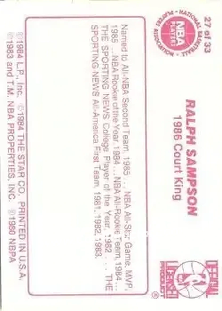 1986 Star Court Kings #27 - Ralph Sampson - Houston Rockets - Back