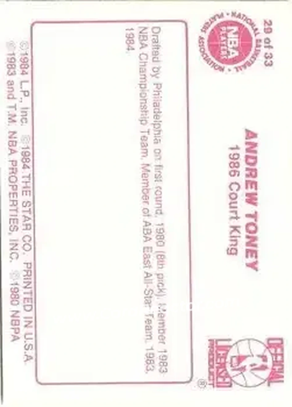 1986 Star Court Kings #29 - Andrew Toney - Philadelphia 76ers - Back