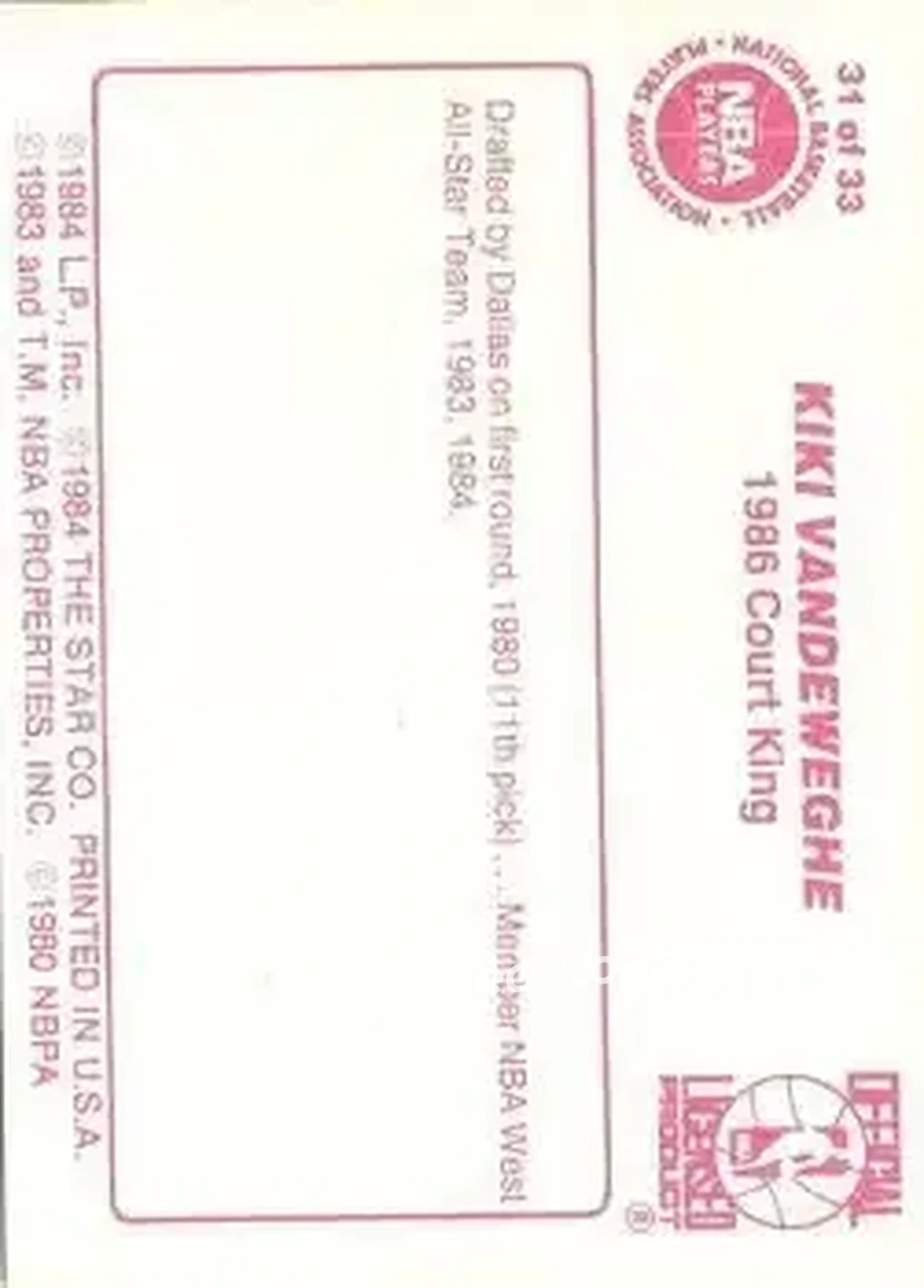 1986 Star Court Kings #31 - Kiki Vandeweghe - Portland Trail Blazers - Back