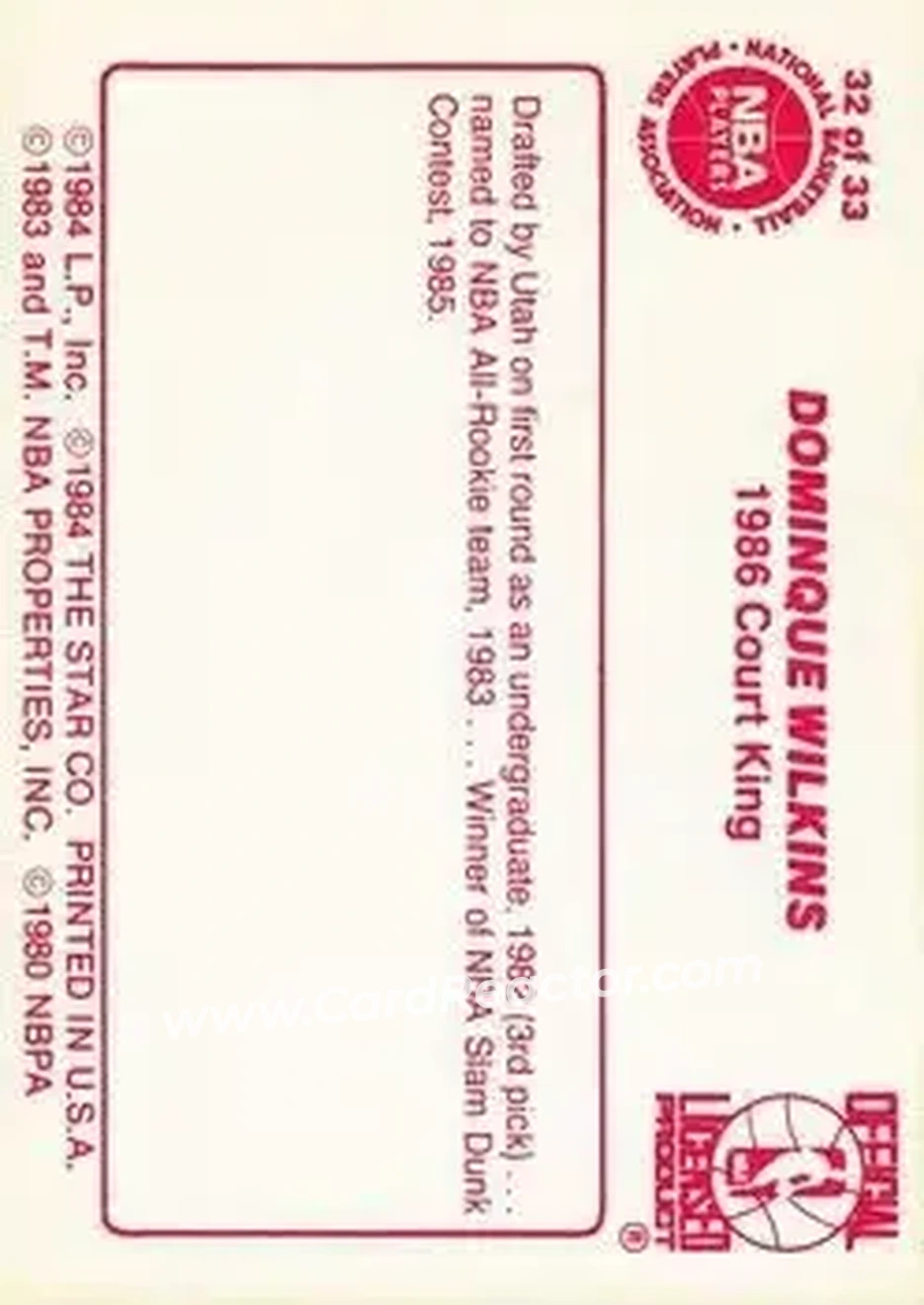 1986 Star Court Kings #32 - Dominique Wilkins - Atlanta Hawks - Back