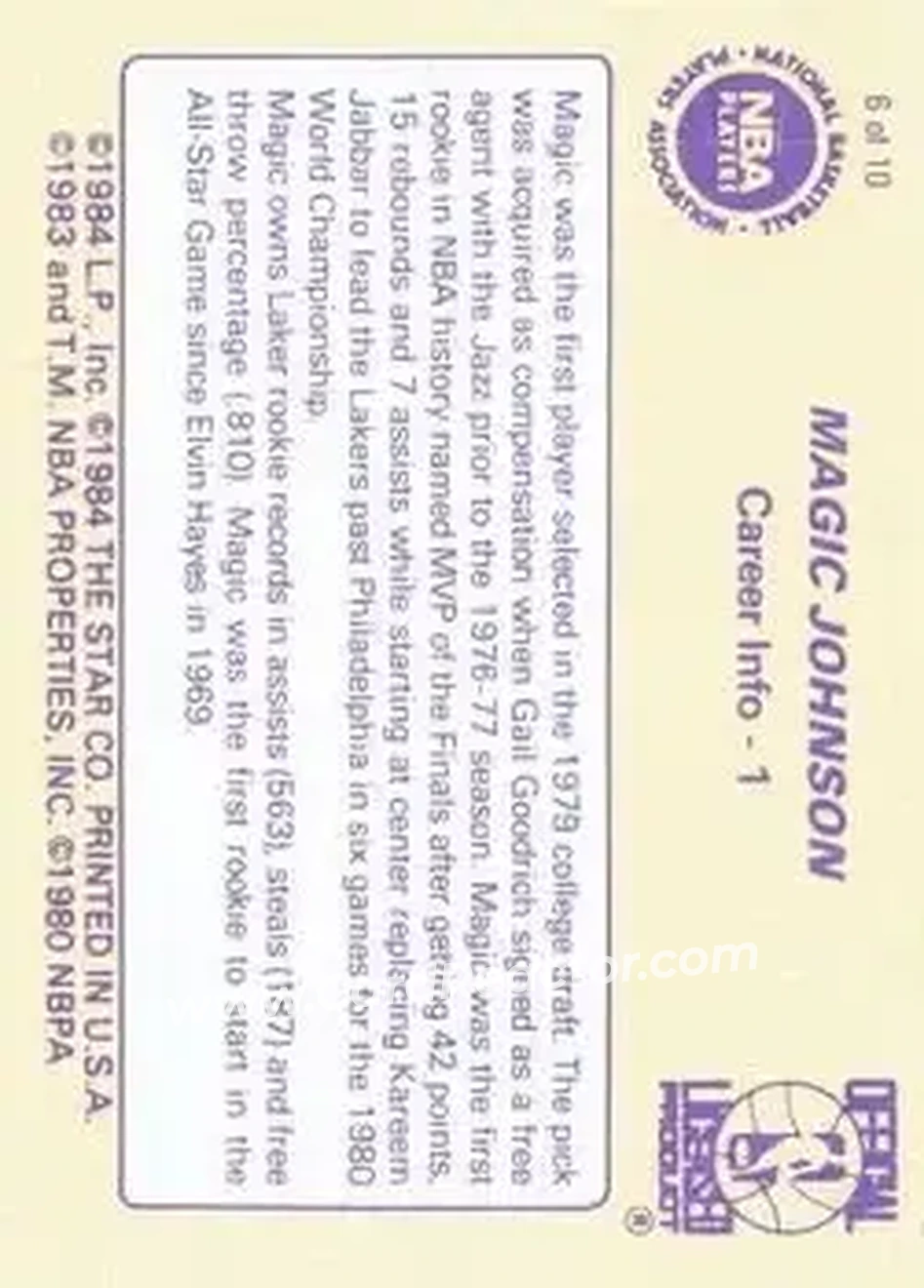 1986 Star Magic Johnson #6 - Card #6 - Los Angeles Lakers - Back