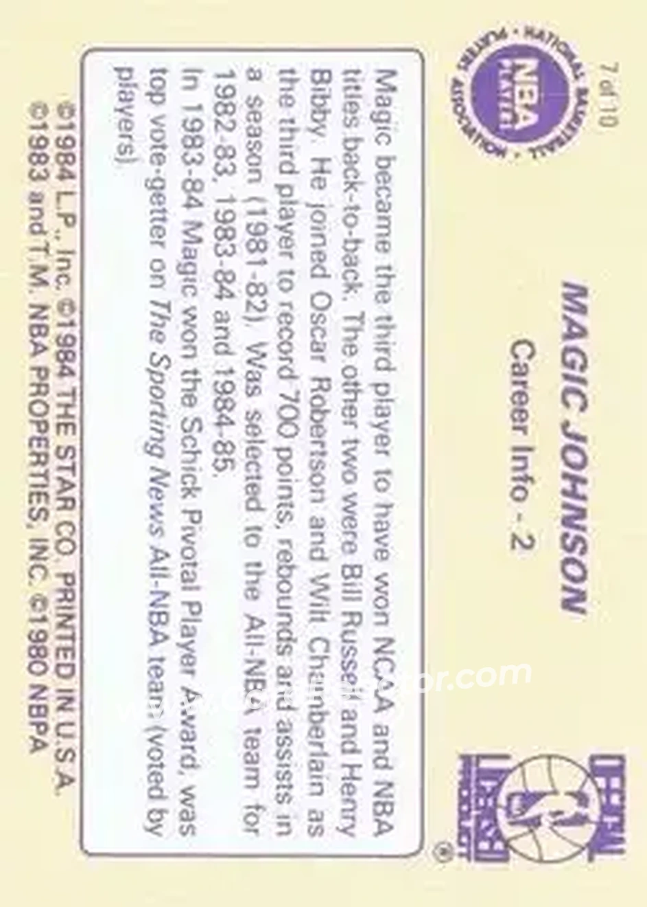 1986 Star Magic Johnson #7 - Card #7 - Los Angeles Lakers - Back