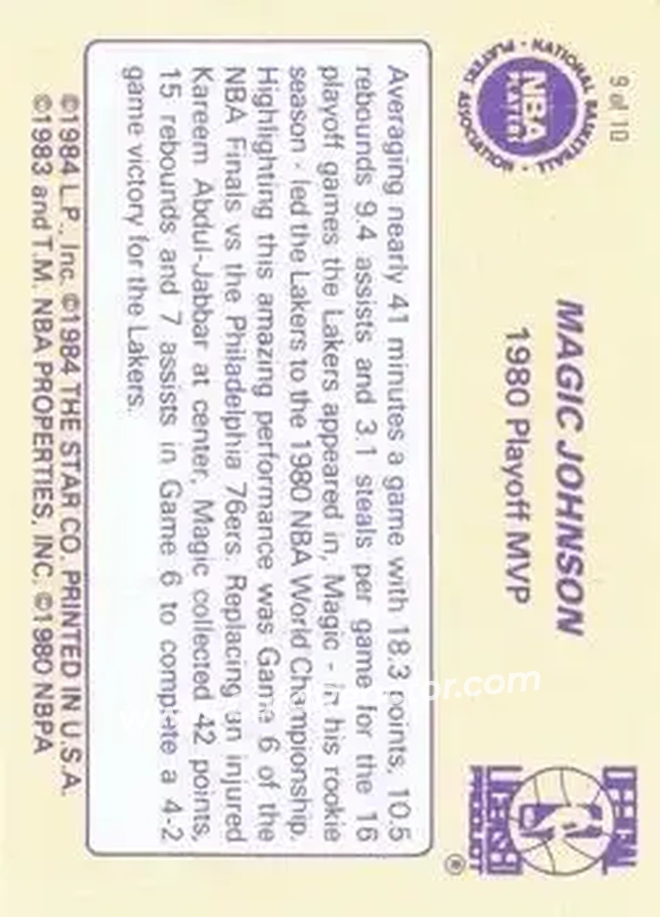 1986 Star Magic Johnson #9 - Card #9 - Los Angeles Lakers - Back
