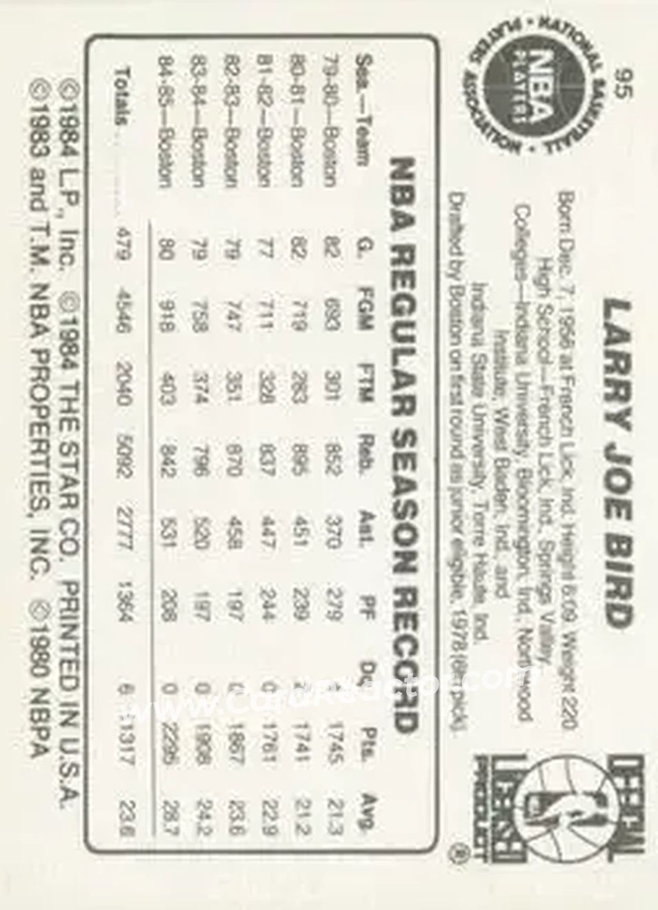 1985-86 Star #95 - Larry Bird - Boston Celtics - Back
