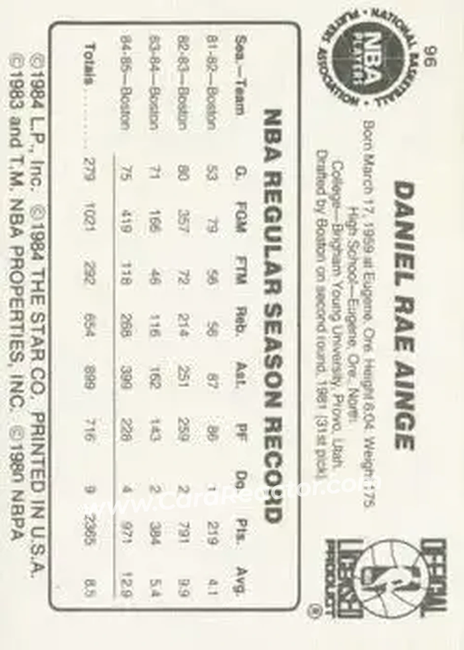 1985-86 Star #96 - Danny Ainge - Boston Celtics - Back