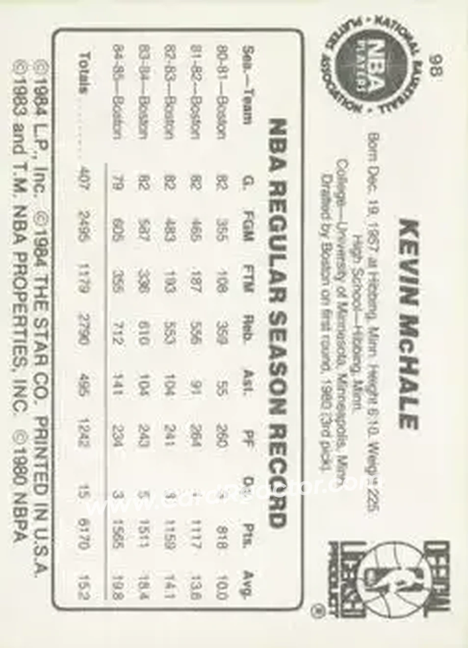 1985-86 Star #98 - Kevin McHale - Boston Celtics - Back