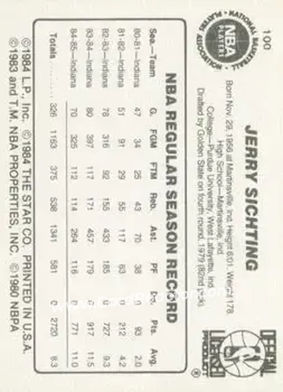 1985-86 Star #100 - Jerry Sichting - Boston Celtics - Back