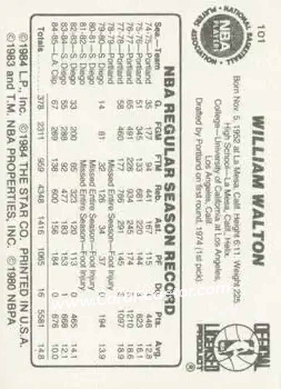 1985-86 Star #101 - Bill Walton - Boston Celtics - Back