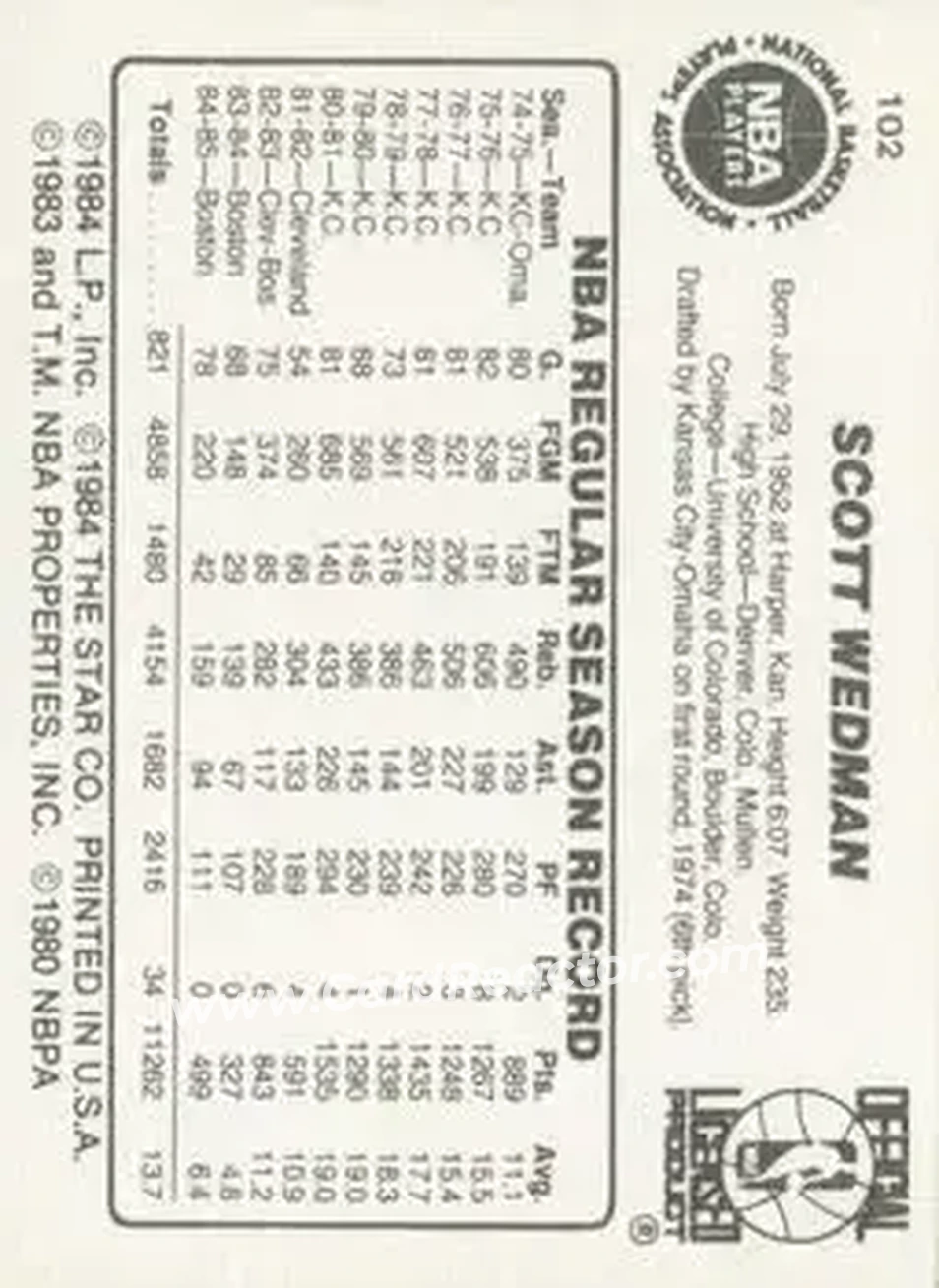 1985-86 Star #102 - Scott Wedman - Boston Celtics - Back
