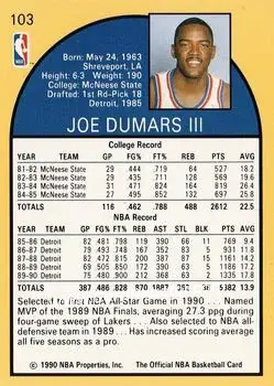 1990-91 Hoops #103 - Joe Dumars - Detroit Pistons - Back