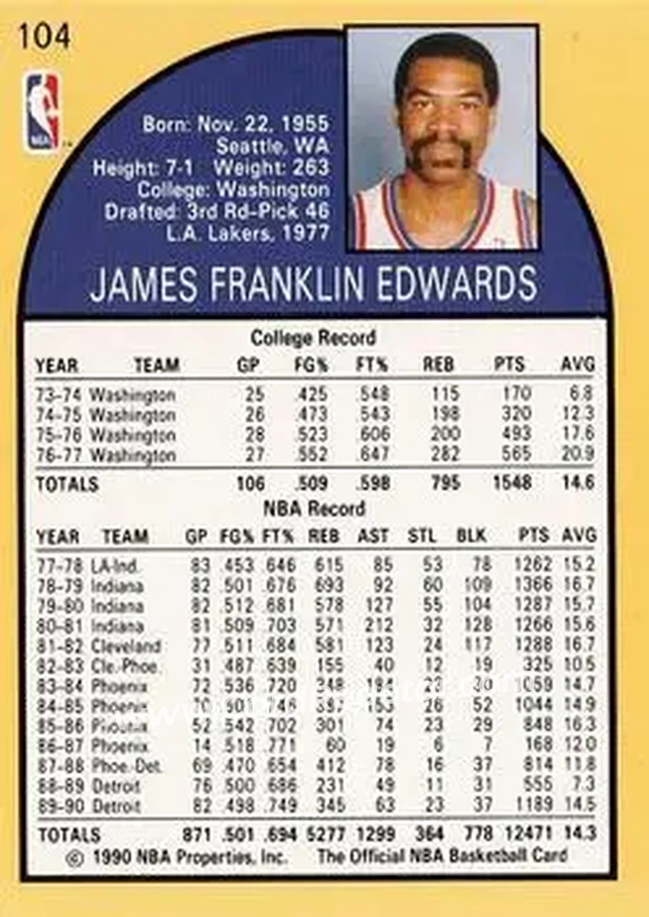 1990-91 Hoops #104 - James Edwards - Detroit Pistons - Back