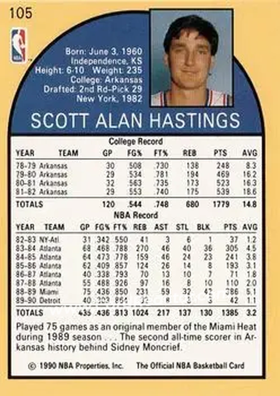 1990-91 Hoops #105 - Scott Hastings - Detroit Pistons - Back